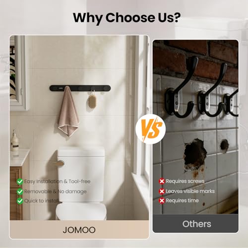 JOMOO 2 Pack Adhesive Wall Hooks for Bathroom, Aluminum Towel Hooks with 5 Hooks Each, No Drill Shower Hooks Heavy Duty 11LBS, Matte Black Robe Hook Rack