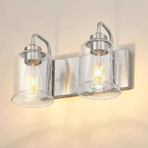 zeyu Brushed Nickel 12.5-Inch 2-Light Bathroom Wall Lighting, ZSL72B-2W BN | Clear Glass Shades, Metal And Glass Construction, Wall-Mount Design For Mirror, Bedroom Or Hallway, Modern Nickel Finish - color: Brushed Nickel, size: 2-Light