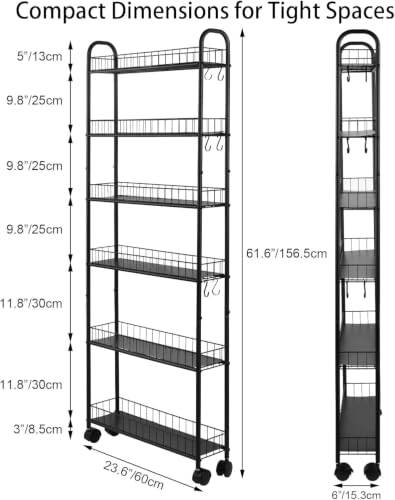 6-Tier Ultra Slim Rolling Storage Cart with Wheels, Narrow Metal Organizer Shelf Unit for Kitchen, Bathroom, Laundry Room, Office, Dorm, RV, Mobile Storage Rack, Black, 6" Wide - size: 6" Wide
