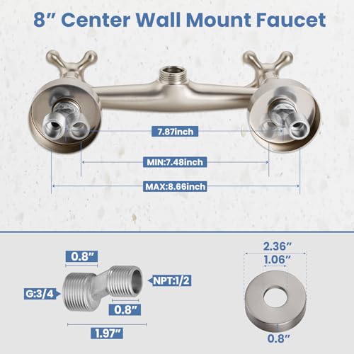 Airuida Brushed Nickel Wall Mounted Kitchen Faucet,Utility Sink Faucet | 8 Inch Adjustable Center,360° Swivel Spout,Wall Mount Commercial Faucet,Double Cross Handle - color: Brushed Nickel