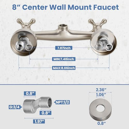 Airuida Brushed Nickel Wall Mounted Kitchen Faucet,Utility Sink Faucet | 8 Inch Adjustable Center,360° Swivel Spout,Wall Mount Commercial Faucet,Double Cross Handle - color: Brushed Nickel