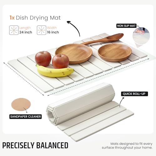 Stone Dish Drying Mat for Kitchen Counter - Fast-Absorbing Diatomite Drying Stone - Reusable Kitchen Drying Mat for Dishes, Cups & Utensils - Quick-Dry Stone Mat for Kitchen Sink and Countertop