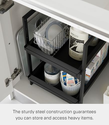 Yamazaki Home Under-Sink Rack, Two-Tier with Pull-Out Shelf, Steel, Black | Versatile under-sink rack features a two-tier organization system with sliding drawers. Adds practical everyday storage. - color: Black