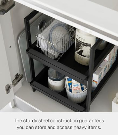 Yamazaki Home Under-Sink Rack, Two-Tier with Pull-Out Shelf, Steel, Black | Versatile under-sink rack features a two-tier organization system with sliding drawers. Adds practical everyday storage. - color: Black