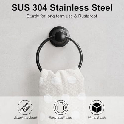 Towel Ring, Bathroom Hand Towel Holder Wall Mounted Matte Black | Modern Round, Heavy Duty Towel Rack Hanger, Hardware Accessory, SUS 304 Stainless Steel Rustproof for Bath, Kitchen, RV - color: Matte Black
