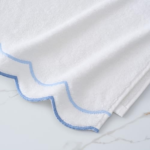 Peri Home 2 Piece Cotton Bath Towel Set, Embroidered, White, Blue Scallop - color: White With Blue Scallop, size: 2 Bath Towel