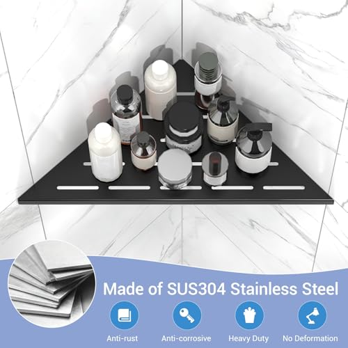 Corner Shower Shelf, 10 Inch Black 304 Stainless Steel Recessed Installation with Grout, No Drilling Required Tile Shower Shelf for Tiled Wall (2-Pack)