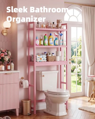SMIBUY Bathroom Storage Shelf, Bamboo Over-The-Toilet Organizer Rack, Freestanding Toilet Space Saver with 3-Tier Adjustable Shelves (Pink) - color: Pink
