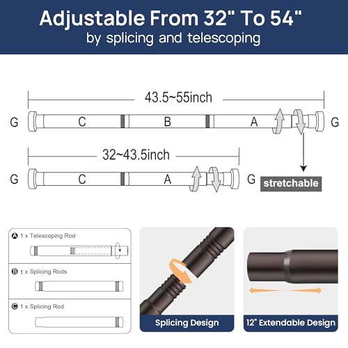 ENJOYBASICS 2 Pack Tension Curtain Rod, 32-54" Adjustable, Stable, Bronze | Secure Hold with Strong Spring & Non-Slip Ends, No-Drill, No Tools, Sag-Resistant, Waterproof, Fits Windows, Showers & Closet - color: Bronze, size: 32-54"