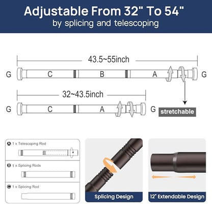 ENJOYBASICS 2 Pack Tension Curtain Rod, 32-54" Adjustable, Stable, Bronze | Secure Hold with Strong Spring & Non-Slip Ends, No-Drill, No Tools, Sag-Resistant, Waterproof, Fits Windows, Showers & Closet - color: Bronze, size: 32-54"
