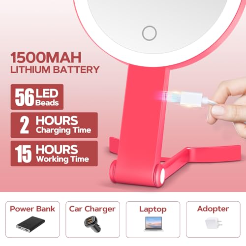 MIYADIVA Lighted Makeup Mirror, 30X Magnifying Mirror with Light, Hanging and Handheld Mirror with Handle, Red - color: Red