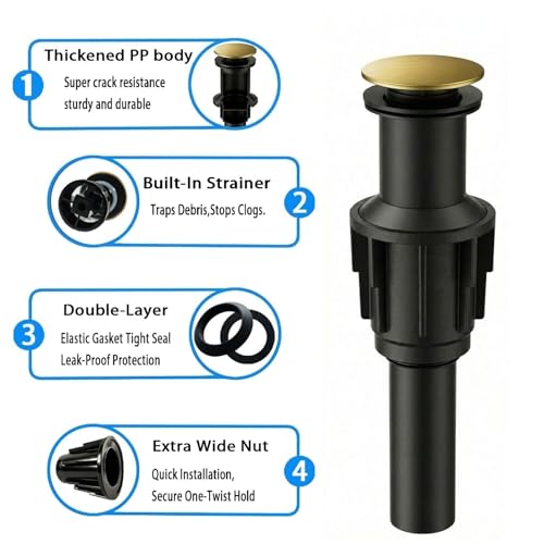 Bathroom Sink Drain Without Overflow- Brushed Gold Pop up Drain for Bathroom Vanity Vessel Sink Drain Stopper - Anti-clog Pop-up Plastic Drain with Hair Catcher Strainer - color: Brushed Gold