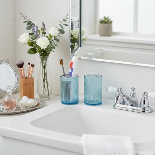 Toothbrush Holders for Bathrooms, 2pcs Glass Toothbrush Holder, 12oz Bathroom Tumbler and Mouthwash Cup, Tooth Brush and Toothpaste Organizer for Bathroom Vanity Countertop (Blue Silver) - color: Blue Silver