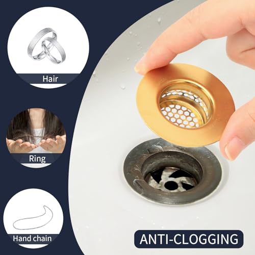Snailhouse Bathroom Sink Strainers, 2 Pack 1.96 Inches Stainless Steel Small Utility Mesh Sink Drain Stopper Basket Cover Plug Screen, Gold