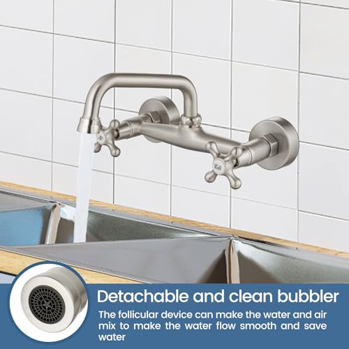 Airuida 8 Inch Center Brushed Nickel Wall Mount Kitchen Sink Faucet | Double Cross Handle,Adjustable Center,6 Inch(15cm) Spout - color: Brushed Nickel