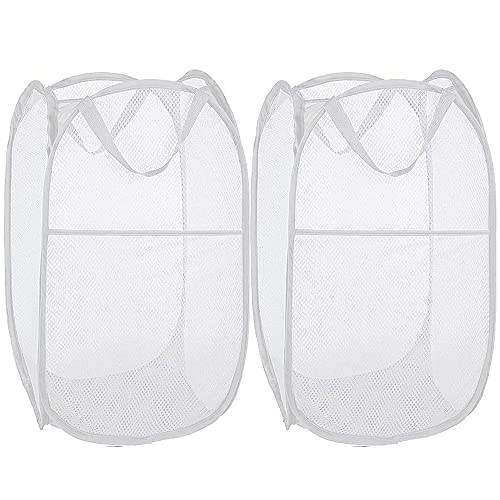 BATTOO Deluxe Strong Mesh Pop up Laundry Hamper Basket with Side Pocket Foldable Hamper for Laundry Room, Bathroom, Kids Room, College Dorm or Travel White + White - color: White + White, size: 2 pack