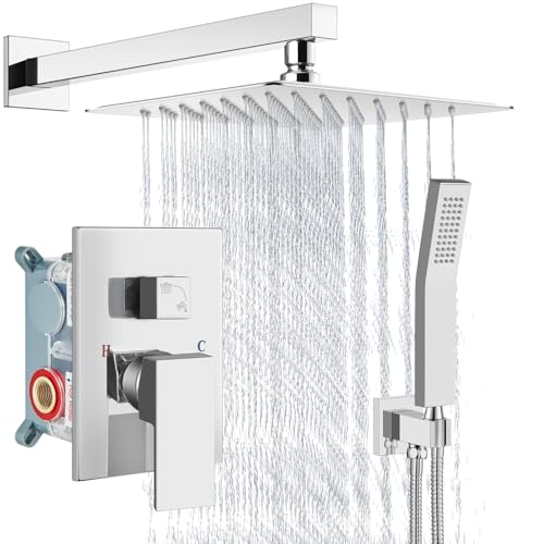 Aolemi Shower Faucet Set with Handheld Polish Chrome 10 Inch Head | Pressure Balance Shower Valve and Trim Kit,SUS304 Rain Head and Handle System,All Metal,Wall Mount,Bathroom,Handheld Spray - color: Chrome, size: 10 Inch Wall Mount Shower Head