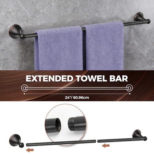 Bathroom Towel Bar Accessories Set，Oil Rubbed Bronze Bathroom Hardware Set, Includes 24In Towel Bar, Towel Ring, Robe Towel Hooks,Toilet Paper Holder, Bathroom Towel Rack Set
