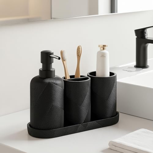 Bathroom Accessories Set, Bathroom Organizer Countertop, Matte Black, 4 PCS | Modern,Simple,Stripe, With 10OZ Soap Dispenser, Toothbrush Holder, Mouthwash Cup, Vanity Tray for Bathroom Home Hotel Office - color: Black1-4pcs