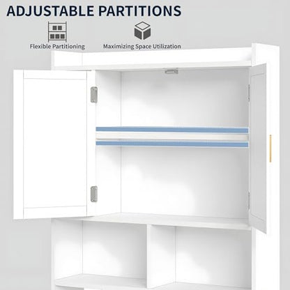 VECELO Over The Toilet Storage Cabinet, Storage Cabinet Over Toilet with Adjustable Shelves & Toilet Paper Holder Stand, Home Space-Saving Toilet Storage, for Bathroom, Restroom, Laundry, White - size: 32.3 inches x 7.8 inches x 70.2 inches