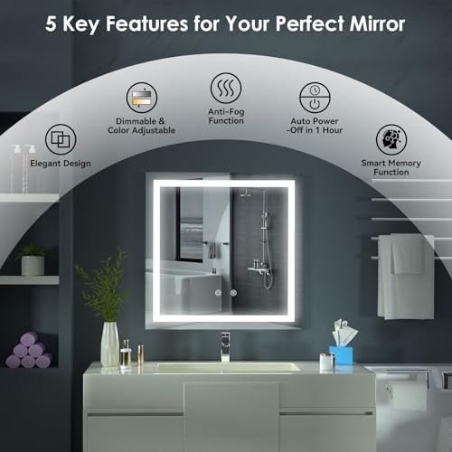 LED Lighted Bathroom Mirror with Anti-Fog, Square Wall Mounted Vanity Mirror with Smart Touch Button, Memory Function, Adjustable Warm White/Natural/Daylight Lights(24x24 inches) - size: 24"L x 24.1"W