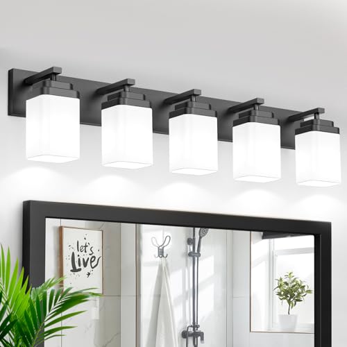 Black Bathroom Light Fixtures, 5 Lights Bathroom Lighting Fixtures Over Mirror, Square Design & Rectangle Large Backplate, Modern Vanity Lighting Fixtures, for Bathroom/Living Room/Bedroom - color: Black, size: 36-inch, 5-Light