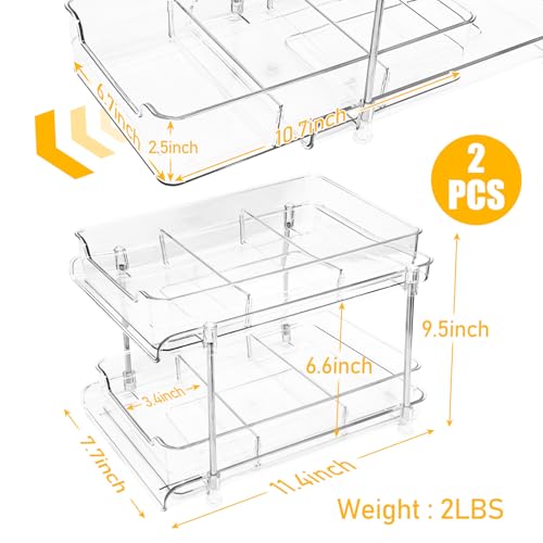 2 Pack Bathroom Storage Organizer with Dividers, 2-Tier Clear Vanity Counter Makeup Storage, Stackable Pull Out Under Sink Organizers for Bathroom Kitchen Pantry