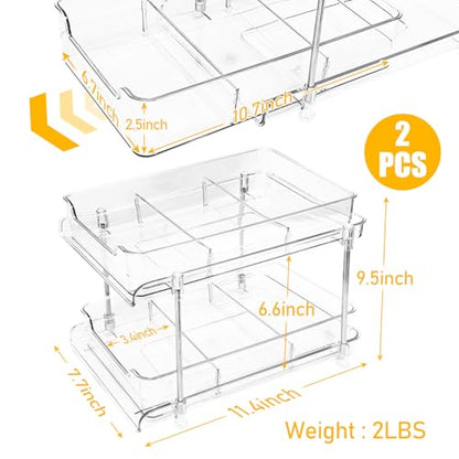 2 Pack Bathroom Storage Organizer with Dividers, 2-Tier Clear Vanity Counter Makeup Storage, Stackable Pull Out Under Sink Organizers for Bathroom Kitchen Pantry