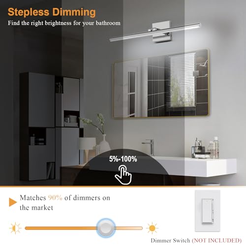 LED Bathroom Vanity Light, Modern Bathroom Light Fixture Over Mirror (3000K/4000K/6000K, Dimmable), Vanity Light Bar with Angle Adjustable, 24 Inch, Chrome - color: Chrome, size: 24 inch