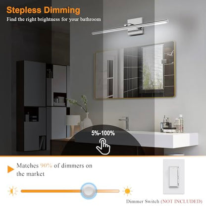 LED Bathroom Vanity Light, Modern Bathroom Light Fixture Over Mirror (3000K/4000K/6000K, Dimmable), Vanity Light Bar with Angle Adjustable, 24 Inch, Chrome - color: Chrome, size: 24 inch