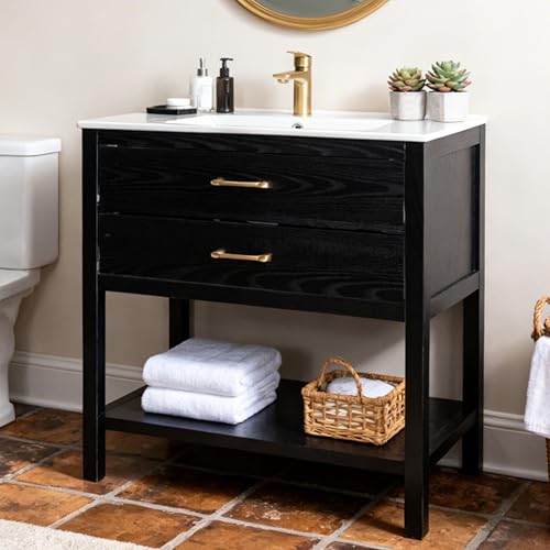 24 Inch Bathroom Vanity with Sink, Farmhouse Freestanding Vanity Cabinet for Small Bathroom, 2 Drawers & 1 Open Storage Shelf, Easy Assembly, Black - color: Black, size: 24 Inch without Faucet & Drain