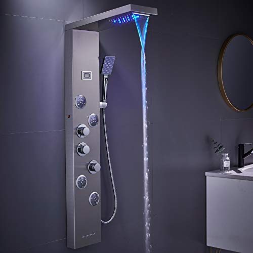 6-in-1 LED Shower Panel Tower System Stainless Steel Brushed Nickel | Rainfall + waterfall head | Massage jets | Handheld shower | Tub spout | LED display | Wall mount - color: Brushed Nickel