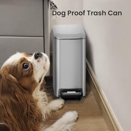 Cesun Small Bathroom Trash Can with Lid, 1.6 Gal, Soft Close, Sliver | Step pedal soft close, Slim 5.9in fits narrow spaces, Stainless steel, Anti-fingerprint, Removable inner bucket, Odor seal - color: Silver