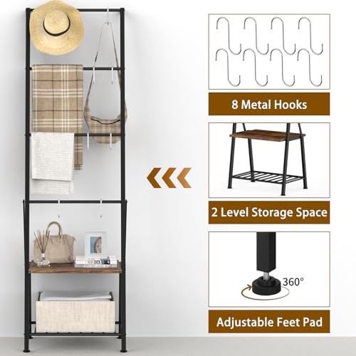 CADUKE Blanket Ladders for the Living Room, 6-Tier Rustic Blanket Rack Decorative Stand, Quilt Display Holder, Freestanding Towel Rack with Metal Frame, Wooden Shelf & 8 Hooks for Bedroom Bathroom