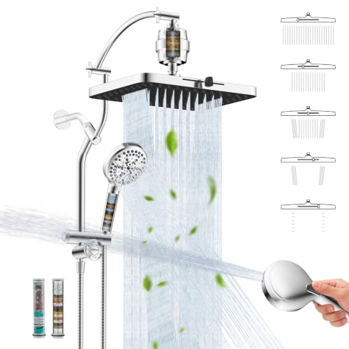Hibbent 13" Filtered Shower Head & Filtered 10-Mode Handheld Combo, Chrome | High Pressure 5-Spray Showerhead, 4-way Diverter, Heightened All Metal Extension Arm, 3 Filter Cartridges, Easy Reach - color: Chrome, style: Square 13" with 2 filter