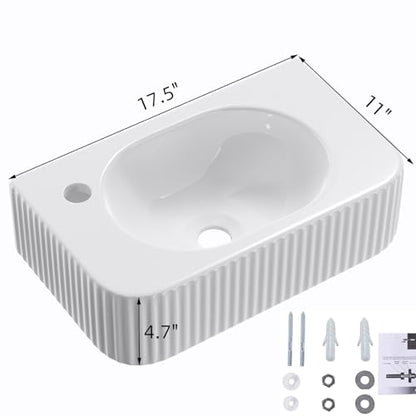 Wall Hung Bathroom Sink, QISHKA 17.5" X 11" Rectangular Floating Ceramic Wash Hand Basin White Wall Mount Vessel Sink for Small Bathroom and Small Cloakroom - size: 17.5" x 11" x 4.7"
