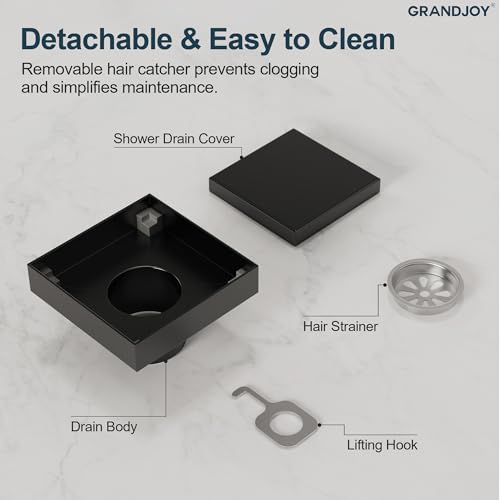 4 Inch Square Shower Floor Drain, SUS304 Stainless Steel with X-Shaped High Flow Channel, Anti-Clogging Hair Strainer, No Hub Required, Matte Black - color: Matte Black, size: 4