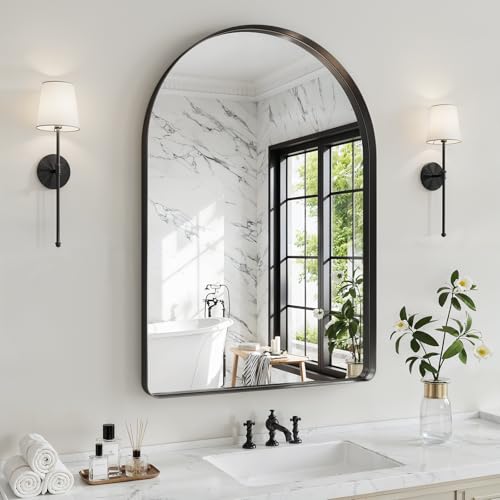 Arched Bathroom Mirror, 30"x40" Black Arch Wall Mounted Vanity Mirror Over Sink with Tempered Glass, Aluminum Alloy Deep Frame, Farmhouse for Bedroom, Entryway, Living Room - color: Black-rounded Corner, size: 40"L x 30"W