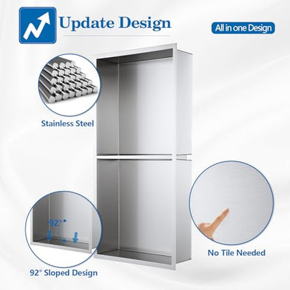 12" x 24" Shower Niche No Tile Needed | 304 Stainless Steel Shower Wall Niche, Recessed Shower Shelf for Shower or Bathroom Storage, Brushed - color: 12"x24" Brushed