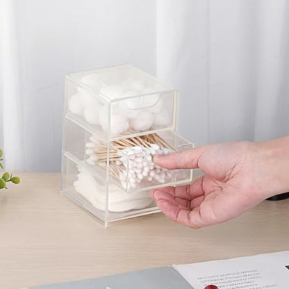 Hipiwe Clear Acrylic Drawer Organizer Bathroom Qtip Holder with 3 Drawers | Clear Desk Drawers Box for Cotton Pad, Cotton Swabs, Makeup Storage Drawer Bathroom Counter Organizer for Home Office