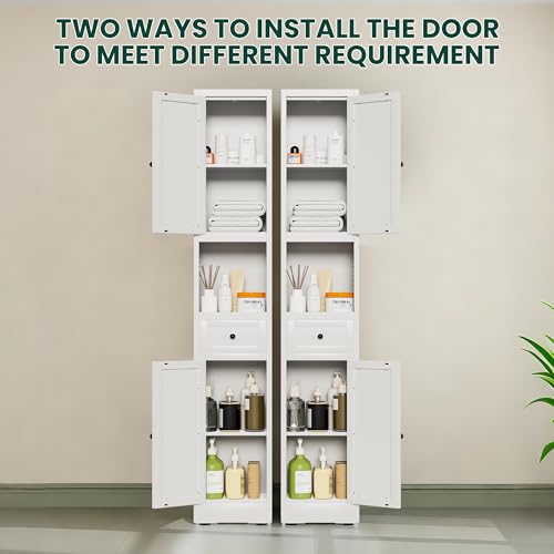 Tall Metal Bathroom Cabinet, 71" Tall Slim Freestanding Locker with 2 Door & 1 Drawer, Narrow Storage Cabinet with Adjustable Shelves, for Small Spaces, Bathroom, Living Room, Modern - White - color: White
