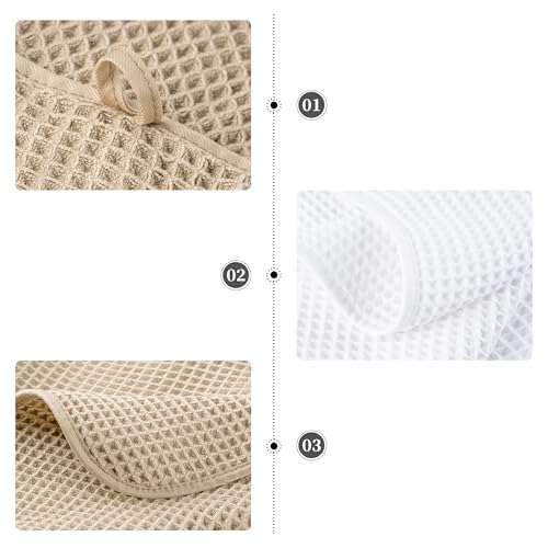 POLYTE 430 GSM Poly Blend Microfiber Quick Dry Waffle Bath Towel Set of 6 | 2-Body Towels, 2-Hand Towels, 2-Wash cloths, Oversize, Lint Free - color: White,beige