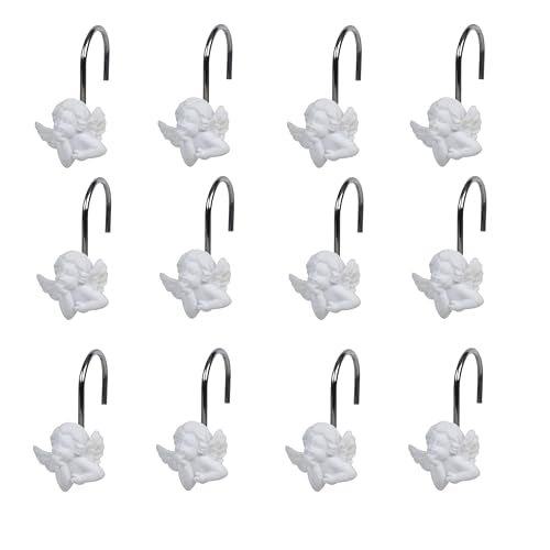 Twofish Home White Angel Shower Curtain Hooks Anti Rust Shower Curtain Hooks Decorative Resin White Angel Shower Curtain Rings Set of 12 - color: White Angel-1