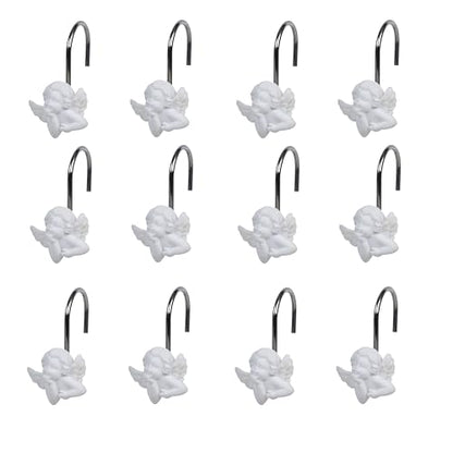 Twofish Home White Angel Shower Curtain Hooks Anti Rust Shower Curtain Hooks Decorative Resin White Angel Shower Curtain Rings Set of 12 - color: White Angel-1