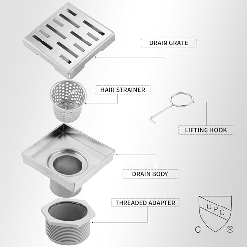 Square Shower Drain 4 inch, Brushed Nickel 304 Stainless Steel Floor Drain for Bathroom, Removable Tile Insert Grate Includes Hair Strainer - color: Brushed Nickel