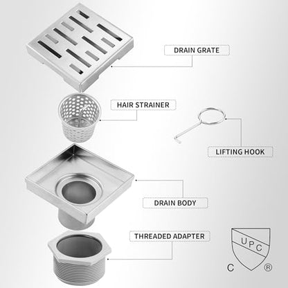 Square Shower Drain 4 inch, Brushed Nickel 304 Stainless Steel Floor Drain for Bathroom, Removable Tile Insert Grate Includes Hair Strainer - color: Brushed Nickel