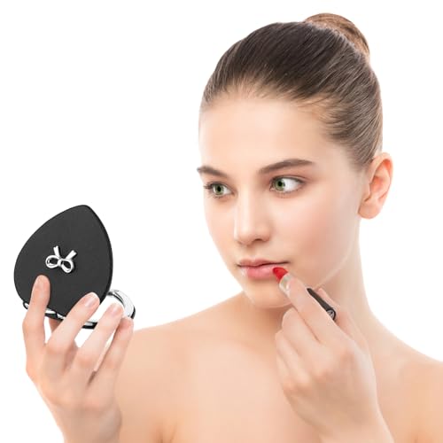Qianyu Compact Folding Heart Shaped Double-Sided 1X/2X Magnifying Mini Glitter Makeup Mirror with PU Leather for Women Home, Office and Travel (Silver) - color: Silver