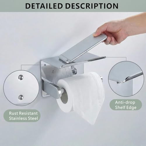 Toilet Paper Holder with Shelf, Heavy-Duty Stainless Steel Bathroom Hardware, Self-Adhesive No-Drill/Drill-Mount Wall-Mounted Roll Holder, Rust-Proof Bathroom Tissue Rack (Chrome) - color: Chrome