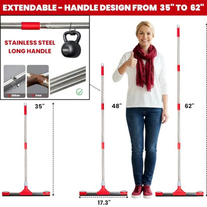 Floor Squeegee Scrubber with Extendable 62" Long Handle | 17.3" EVA Foam Blade, Reinforced Steel Frame for Garage, Concrete, Tile, Patio, Pool, Shower & Uneven Surface Cleaning