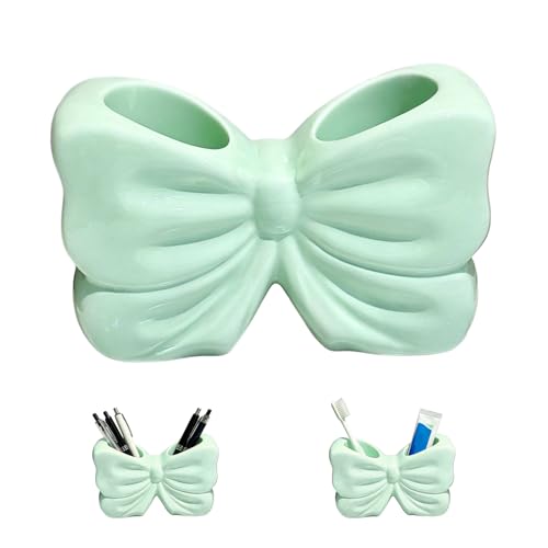 Bow Toothbrush Holder, Cute Ceramic Toothbrush Holder Set, Bow Bathroom Decor Accessories, Available in Pink, Green, Purple, Countertop Vanity Organizer for Home Bathroom Decoration (Light Green) - color: Light Green